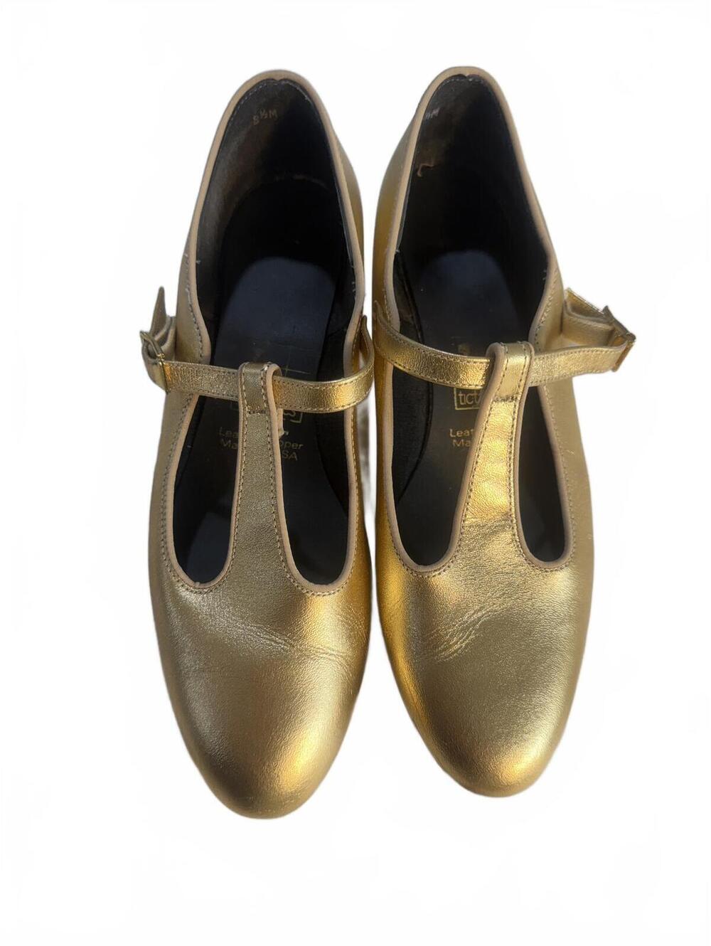 Boho chic Tic toc leather Peggy Gold T-Strap Shoe 8 1/2